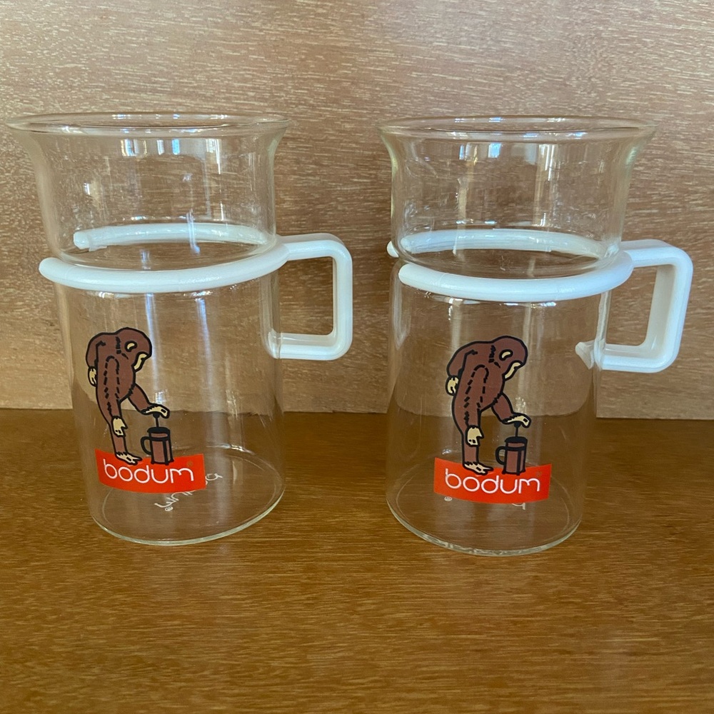 Vintage Set Of 2 Bodum Glass Espresso Coffee Mugs w/ Monkey White Plastic Handle